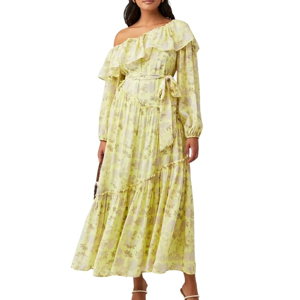 ASTR the Label Yellow Floral One Shoulder Ruffle Tiered Maxi Dress Gold Metallic